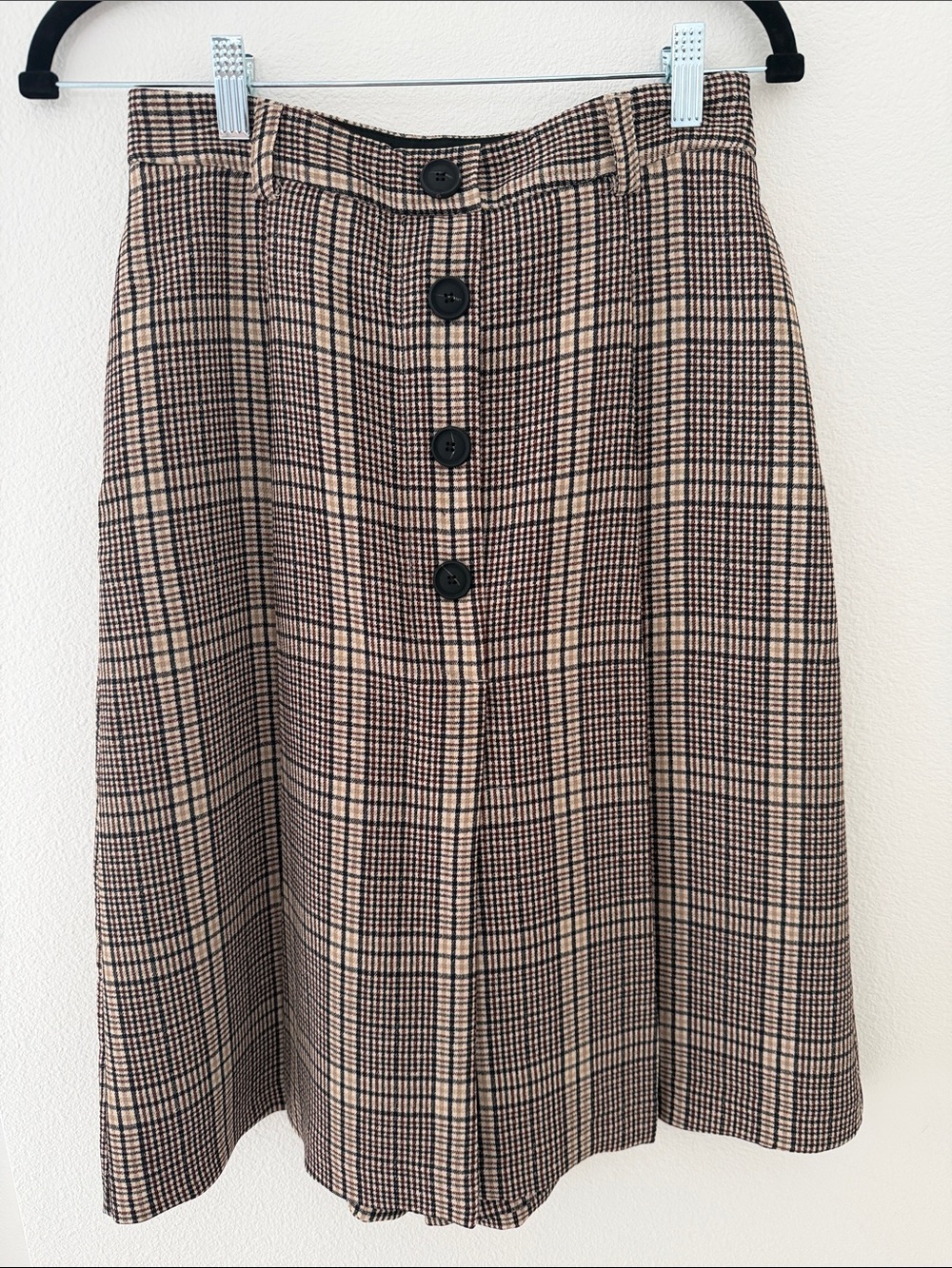 Zara Tan and Black Plaid A-Line Button-Front Skirt